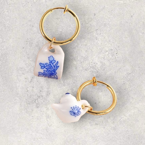 Jewelry - Porcelain Kettle and Cup Gold Hoop Earrings